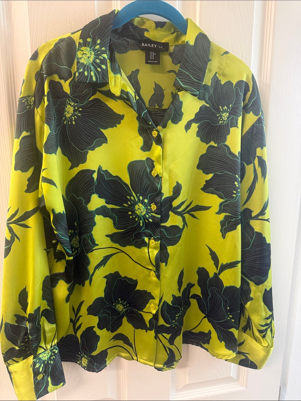 Bailey 44 Neon Lime Green and Black Floral Satin Button-Down Blouse